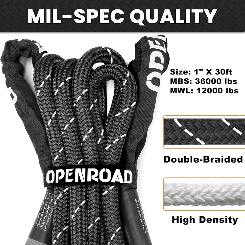 OPENROAD Kinetic Recovery Tow Rope, 4800 LBS (1in x 30ft with Soft Shackle) Extreme Duty 35% Elasticity Energy Offroad Snatch Strap, Vehicle Recovery Kit for Jeep Car Truck ATV UTV SUV - Image 2